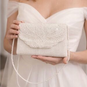 Lisa Loren Vintage Hand Beaded Pearl Evening Bag Bridal Crossbody Ivory